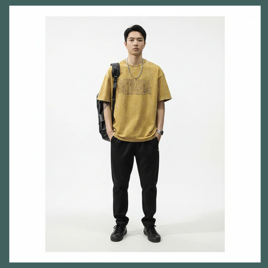 Yellow flower short-sleeved T-shirt men's loose plus-size trendy half-sleeve casual