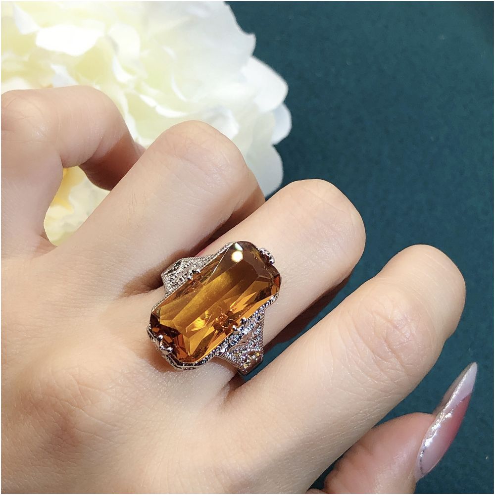 Youngever New Fashionable Light Luxury Style European and American Style Yellow Crystal Wealth Attraction Hollow Carving Ring for Women image 1
