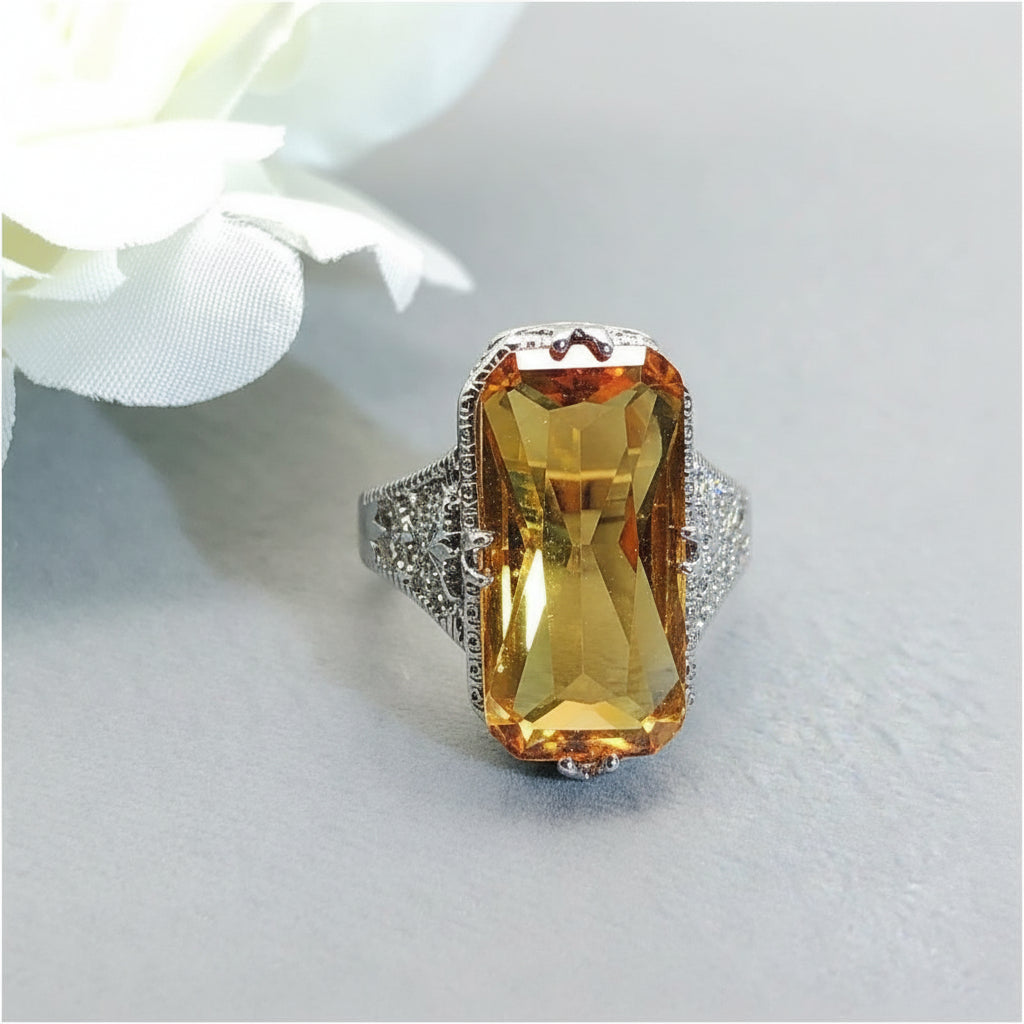 Youngever New Fashionable Light Luxury Style European and American Style Yellow Crystal Wealth Attraction Hollow Carving Ring for Women image 3