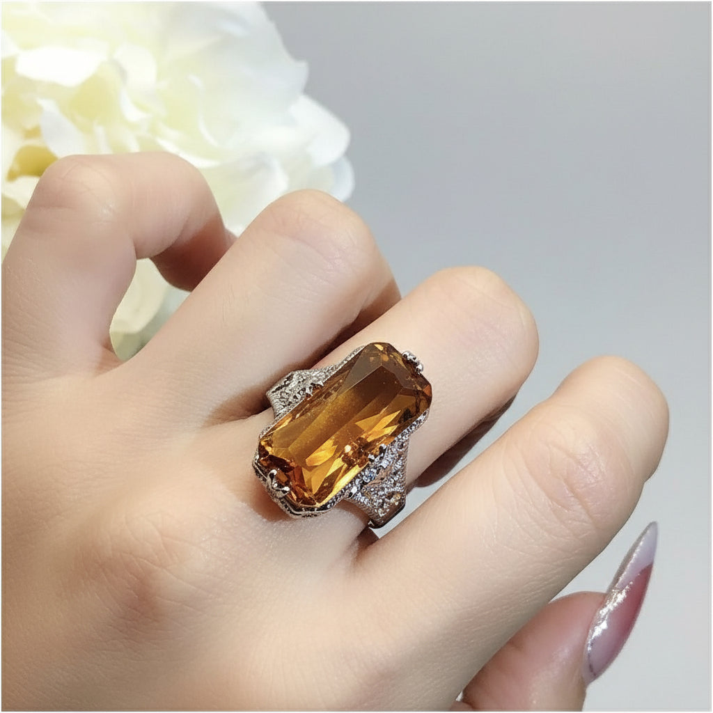 Youngever New Fashionable Light Luxury Style European and American Style Yellow Crystal Wealth Attraction Hollow Carving Ring for Women image 0