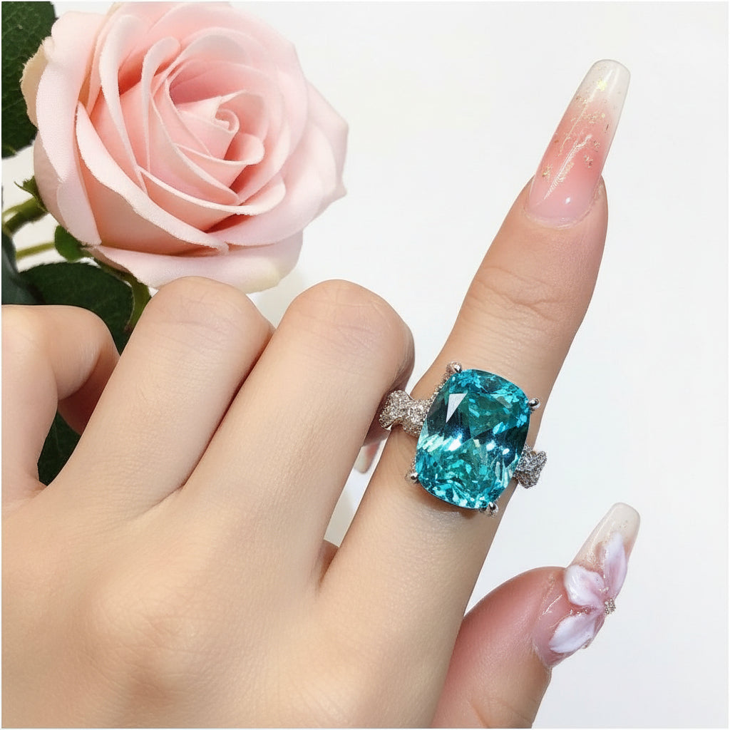 Fashionable luxury large carat ice flower Chevrolet Paraiba ring with high carbon diamond Tanzanine blue fat rectangular diamond ring for women image 3