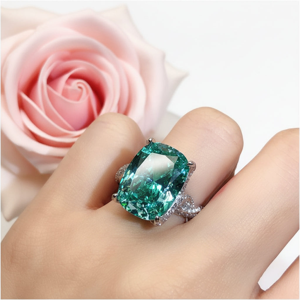 Fashionable luxury large carat ice flower Chevrolet Paraiba ring with high carbon diamond Tanzanine blue fat rectangular diamond ring for women image 4