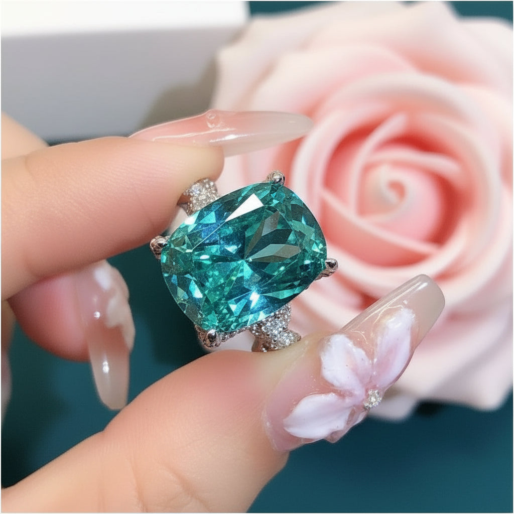 Fashionable luxury large carat ice flower Chevrolet Paraiba ring with high carbon diamond Tanzanine blue fat rectangular diamond ring for women image 5