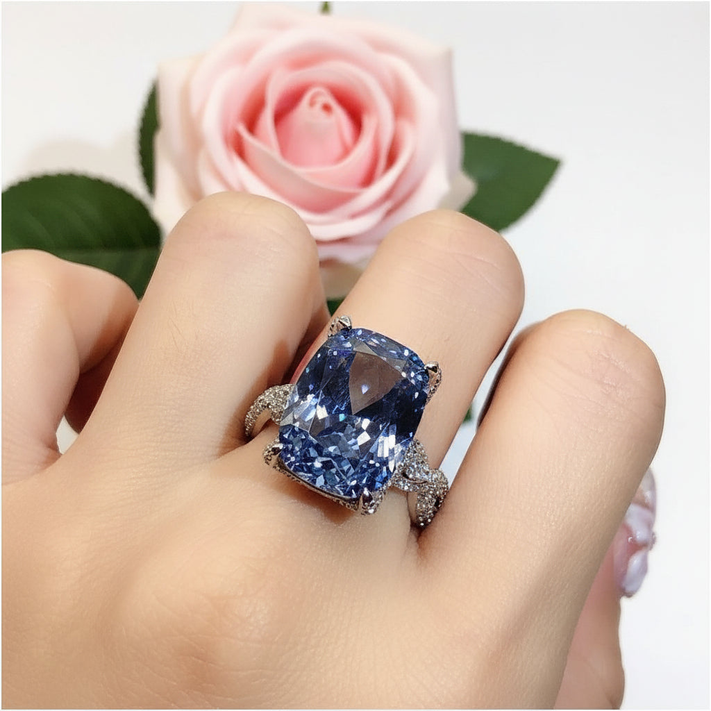 Fashionable luxury large carat ice flower Chevrolet Paraiba ring with high carbon diamond Tanzanine blue fat rectangular diamond ring for women image 0