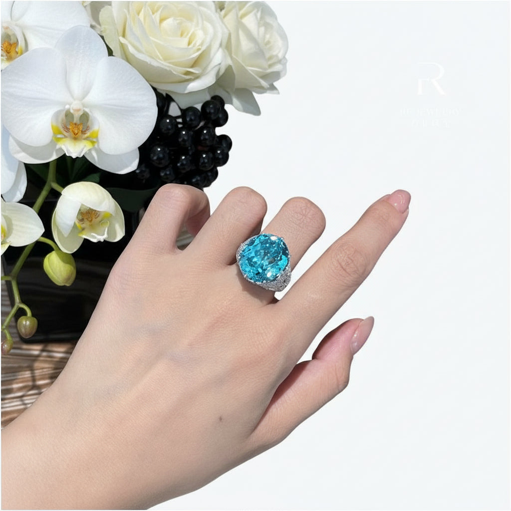 Ruofei Jewelry 18ct Luxury Pigeon Egg Lace edged Paraiba Ring Silver plated Gold image 3