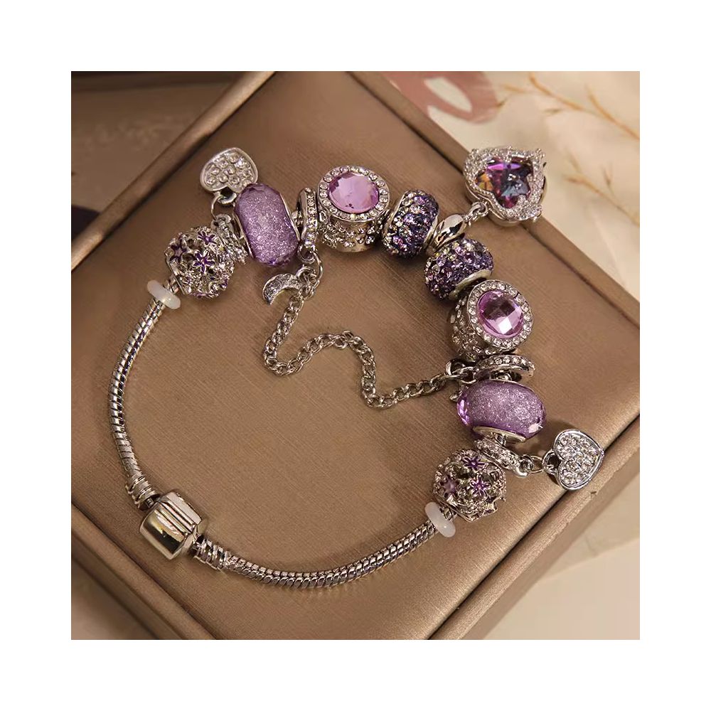 Ins niche light luxury Pan family style bracelet female internet celebrity forest series purple glass bead love pendant bracelet wristband image 1