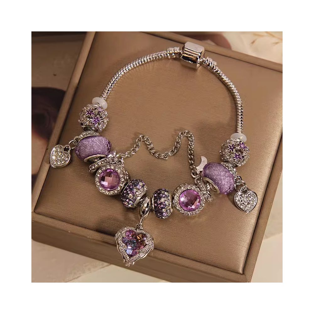 Ins niche light luxury Pan family style bracelet female internet celebrity forest series purple glass bead love pendant bracelet wristband image 4