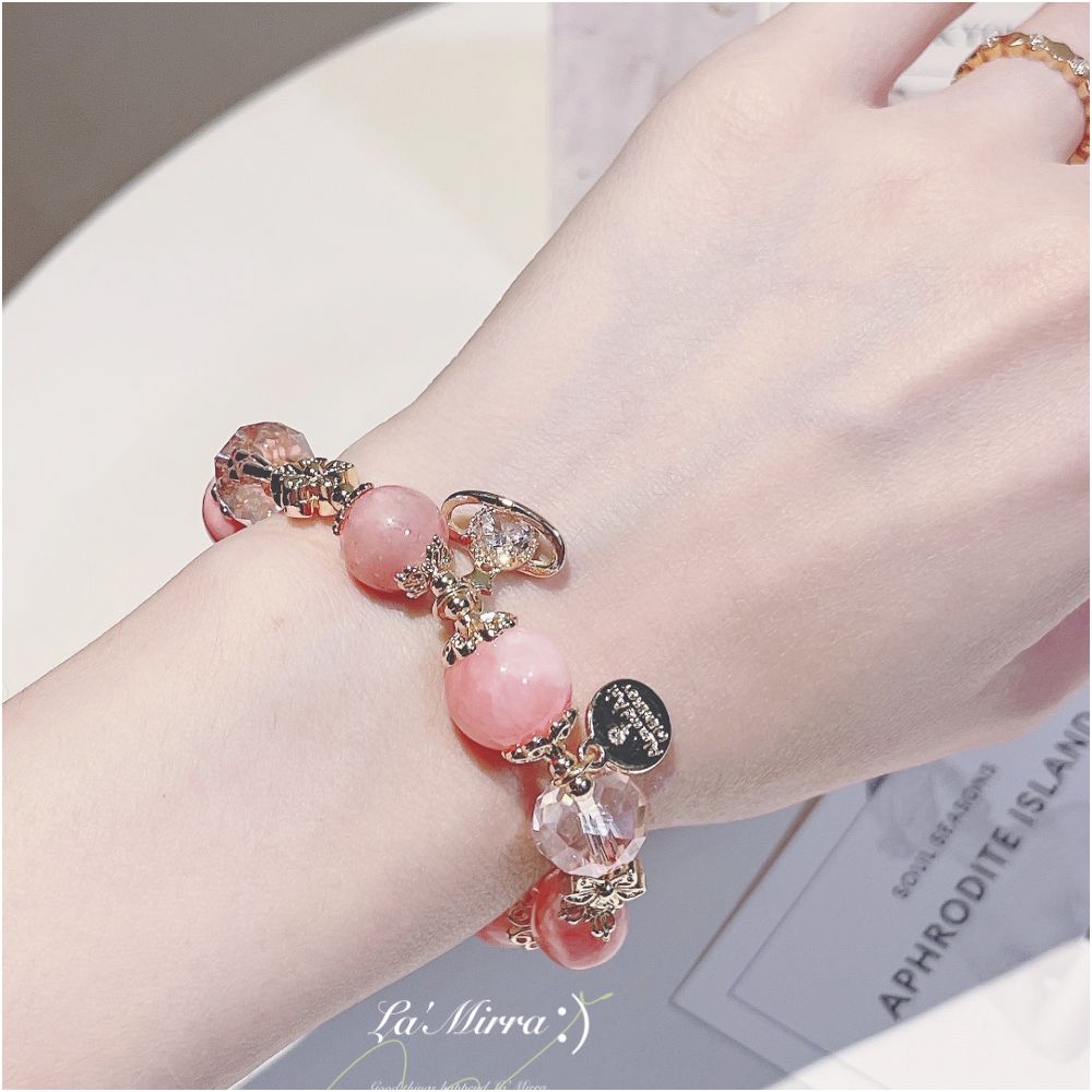 Cream Alashan Agate Natural Horse Powder Crystal Charm Peach Blossom Strawberry Starry Sky Bracelet Ins Original Hand String Female image 4