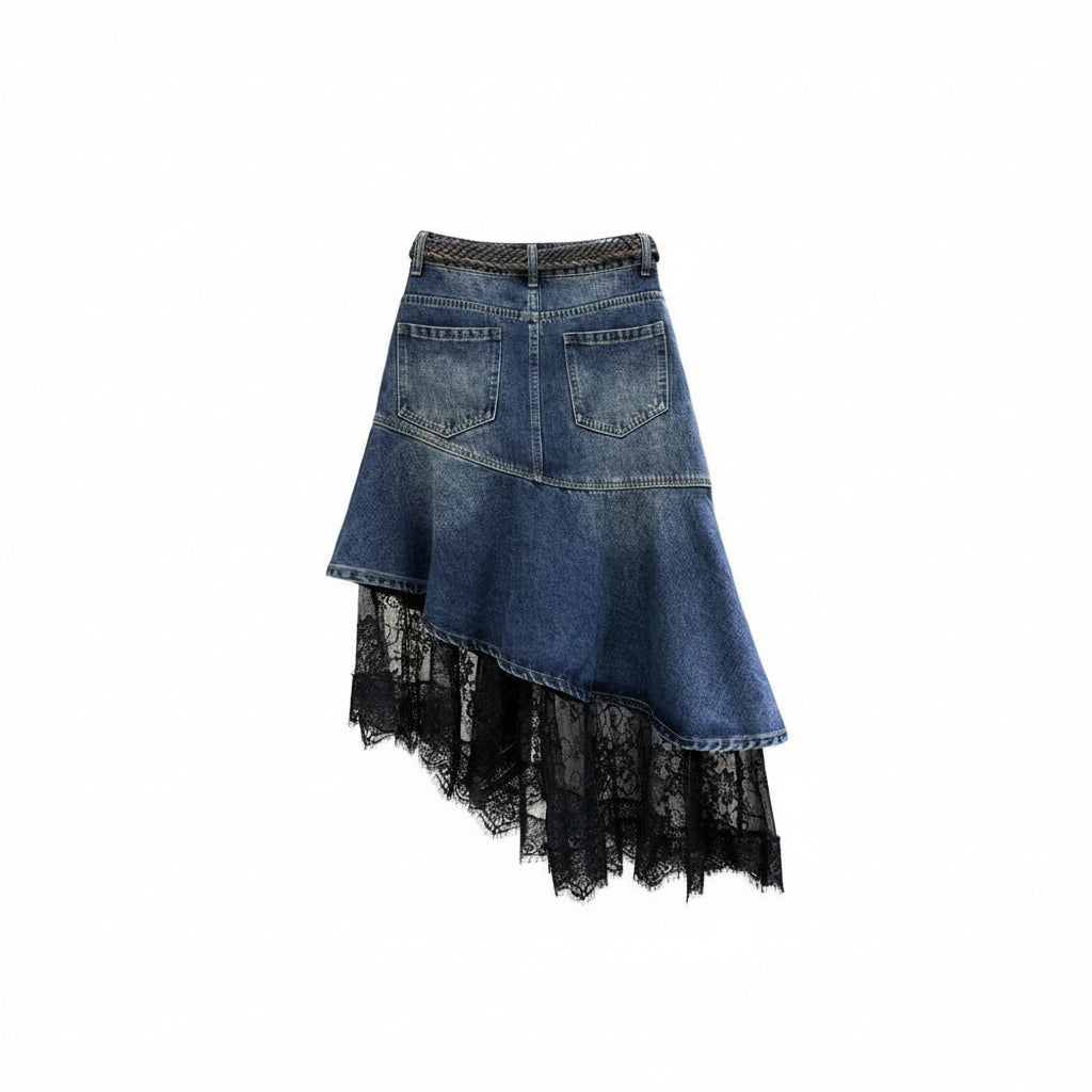 Design sense niche patchwork lace denim skirt for women in spring and autumn new irregular temperament fashionable mid length skirt image 1