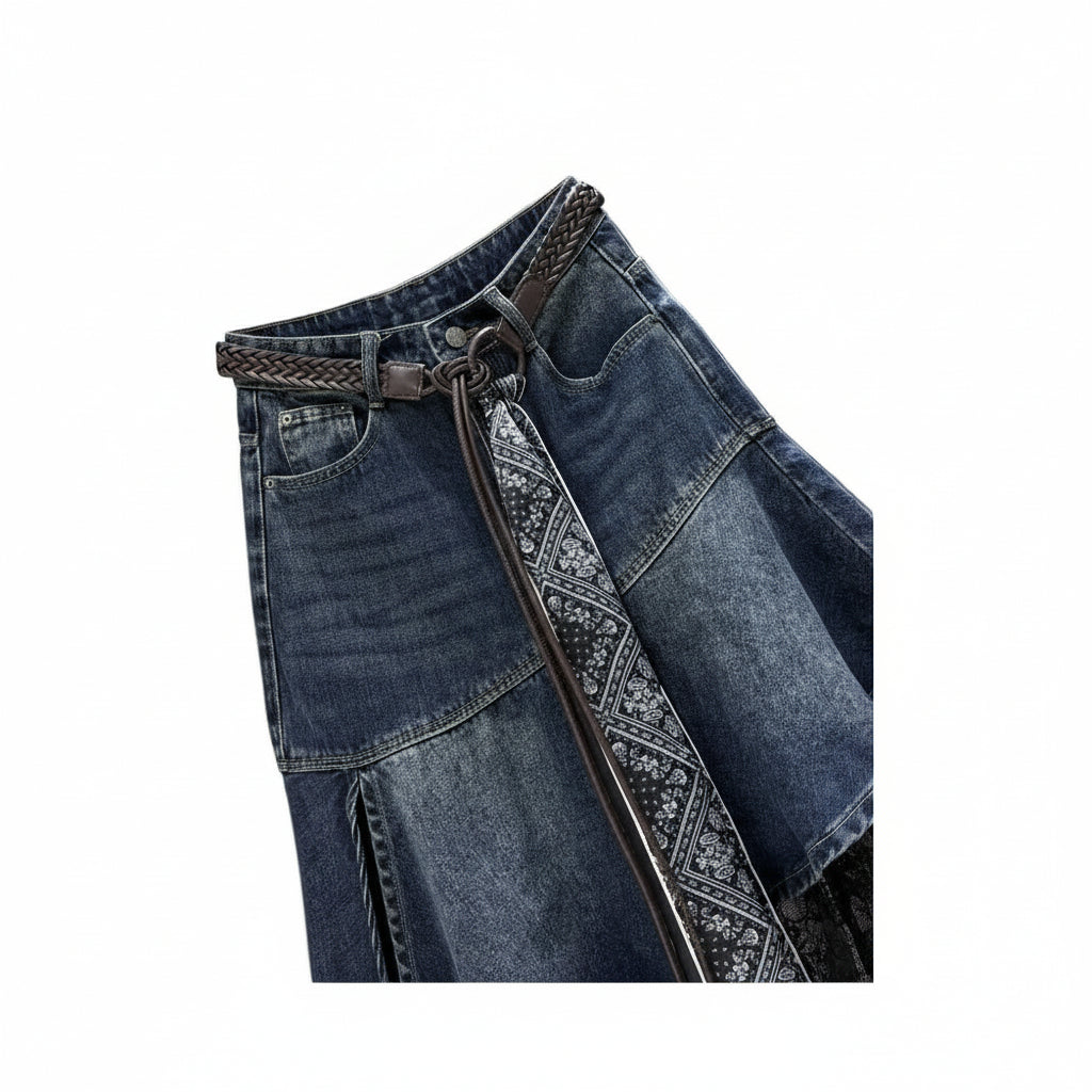 Design sense niche patchwork lace denim skirt for women in spring and autumn new irregular temperament fashionable mid length skirt image 2