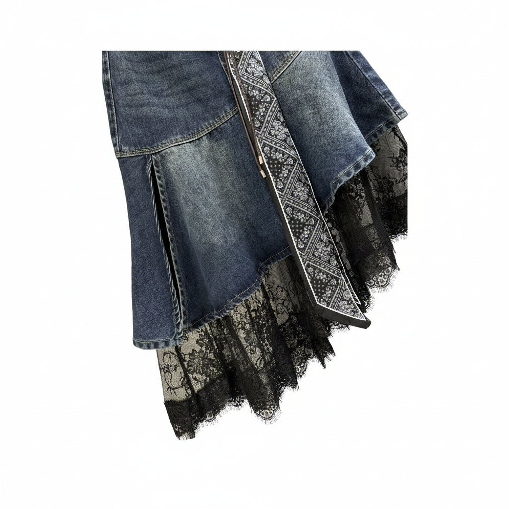 Design sense niche patchwork lace denim skirt for women in spring and autumn new irregular temperament fashionable mid length skirt image 3