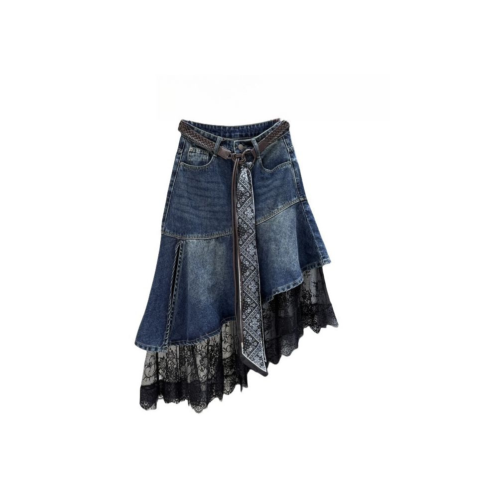 Design sense niche patchwork lace denim skirt for women in spring and autumn new irregular temperament fashionable mid length skirt image 4