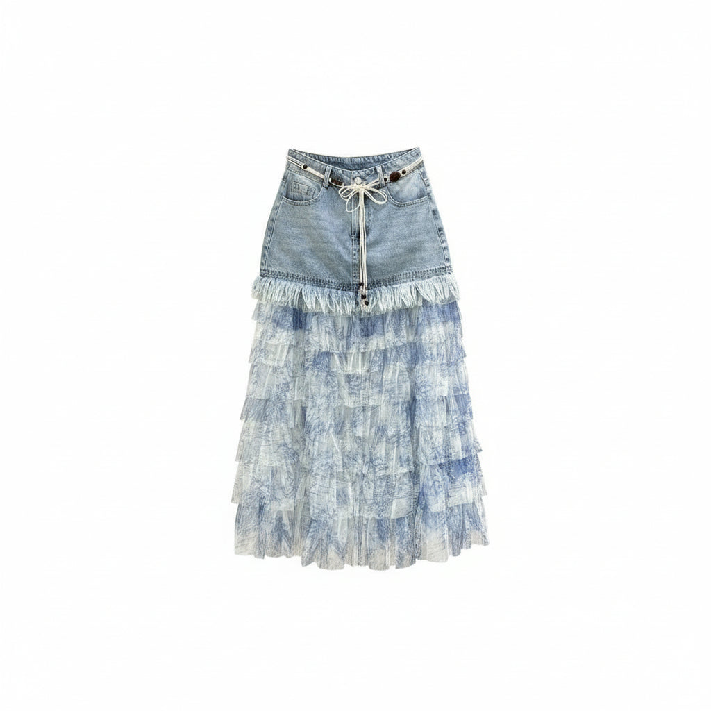 Splicing Mesh Jeans Skirt