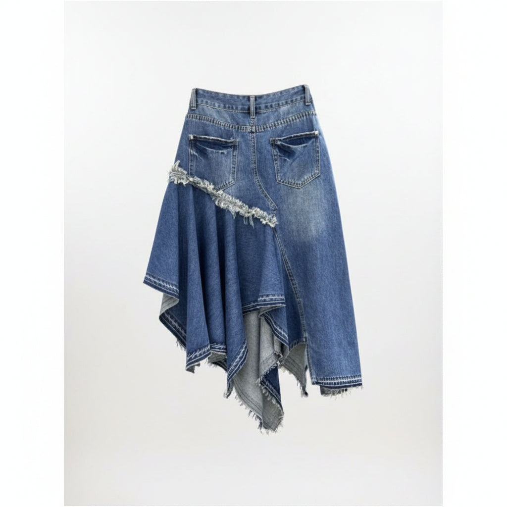 Patchwork irregular denim midi skirt new summer style trendy and stylish frayed edges high waisted A line long skirt image 1