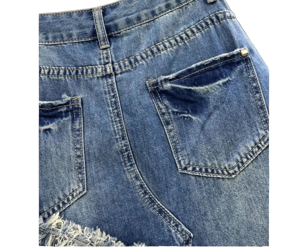 Patchwork irregular denim midi skirt new summer style trendy and stylish frayed edges high waisted A line long skirt image 2