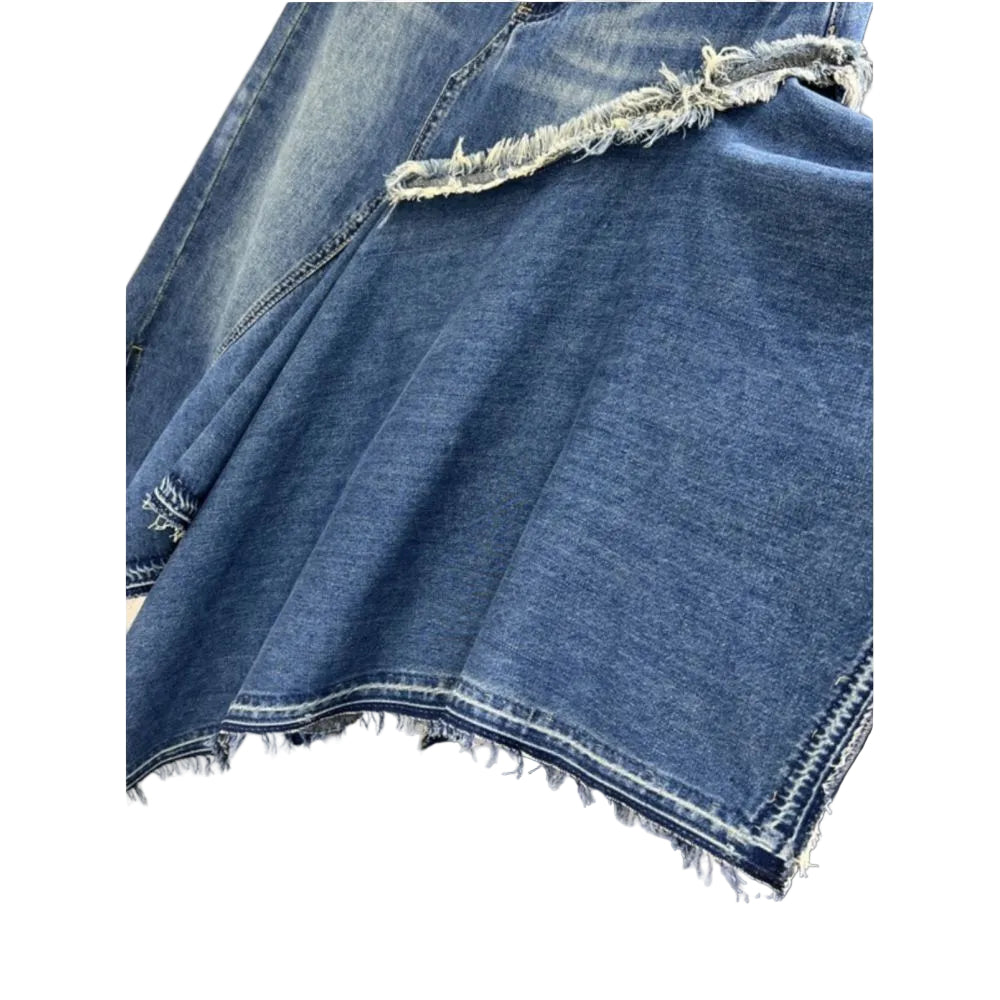 Patchwork irregular denim midi skirt new summer style trendy and stylish frayed edges high waisted A line long skirt image 3