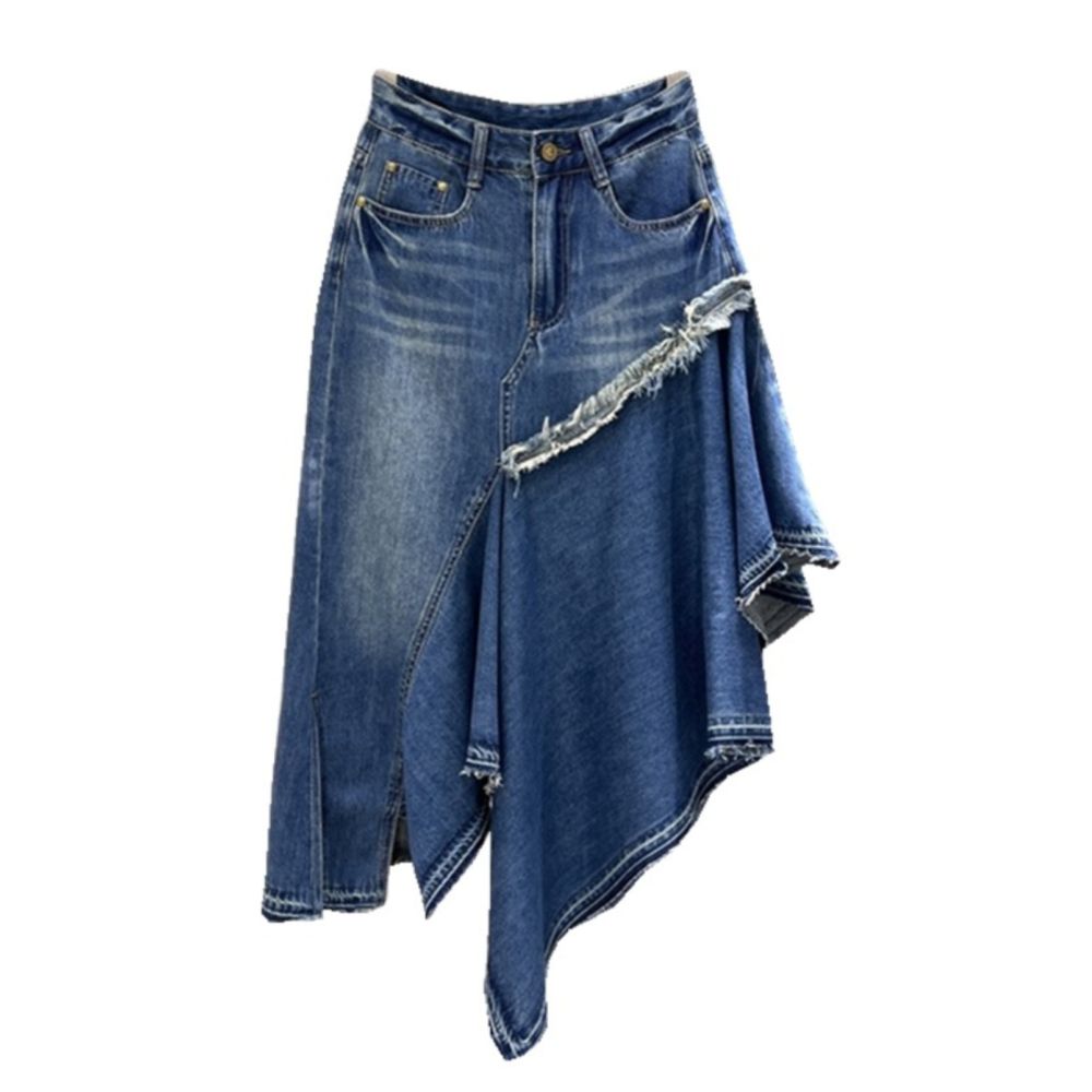 Patchwork irregular denim midi skirt new summer style trendy and stylish frayed edges high waisted A line long skirt image 4