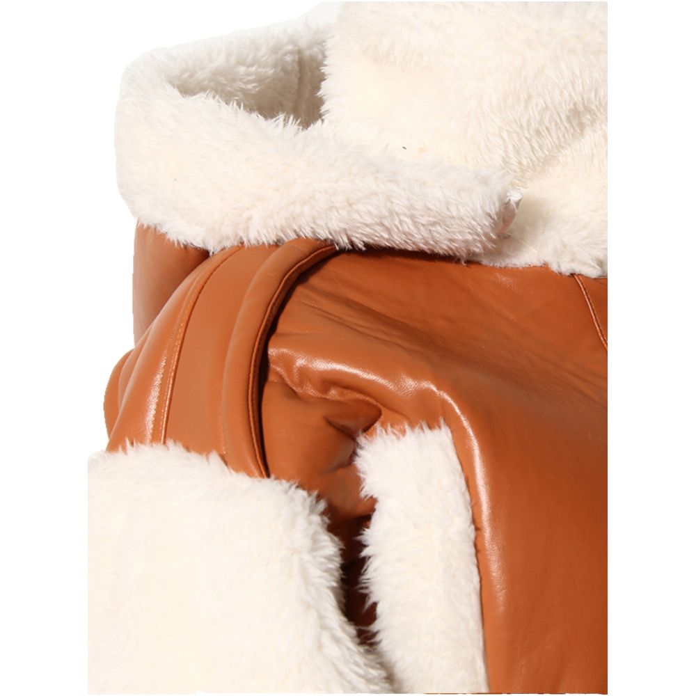 Autumn and winter design sense niche splicing PU leather jacket short style hooded lambhair fur integrated motorcycle jacket for women image 3