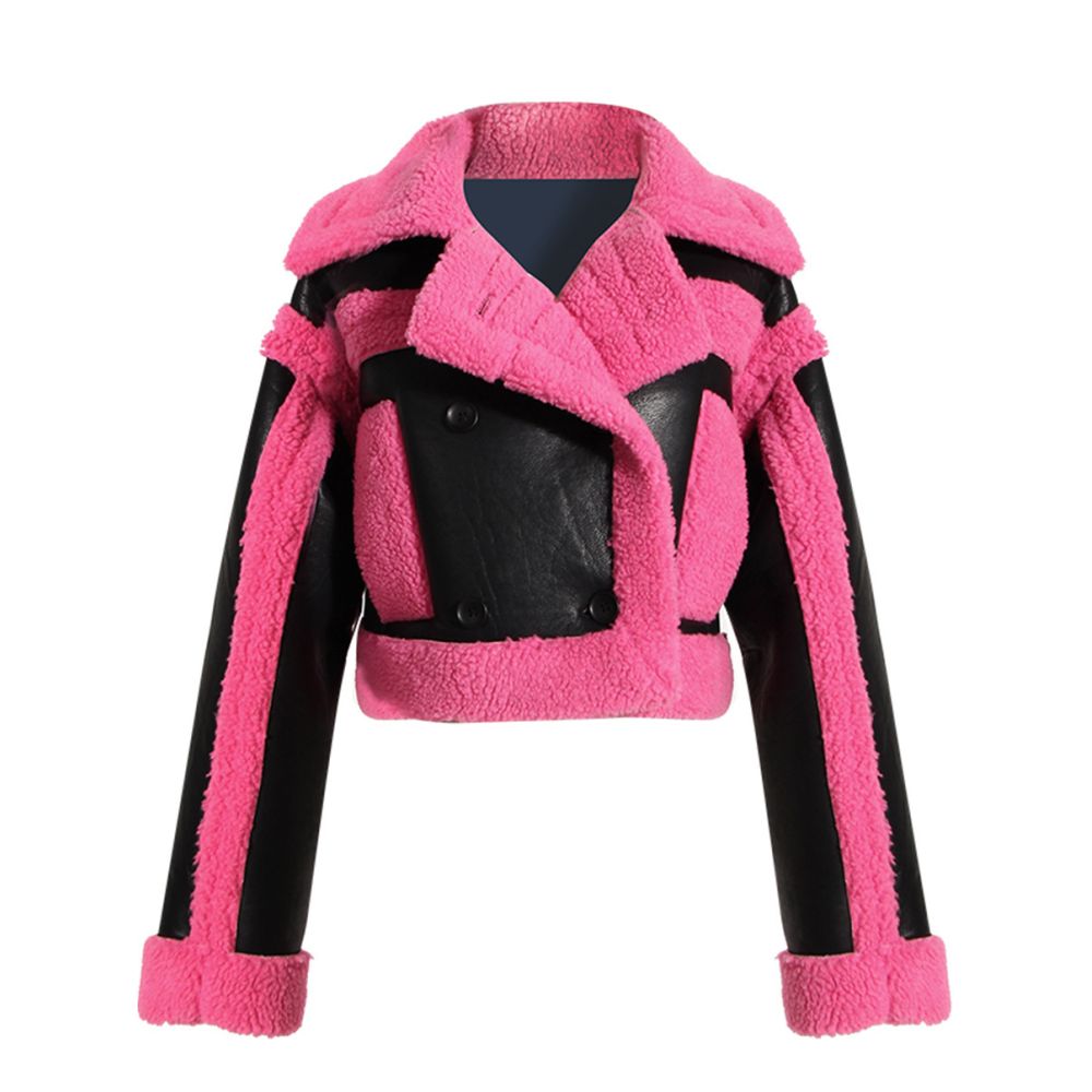 Autumn and winter design sense niche contrasting PU leather splicing imitation fur lamb fur fur integrated motorcycle jacket jacket for women image 0