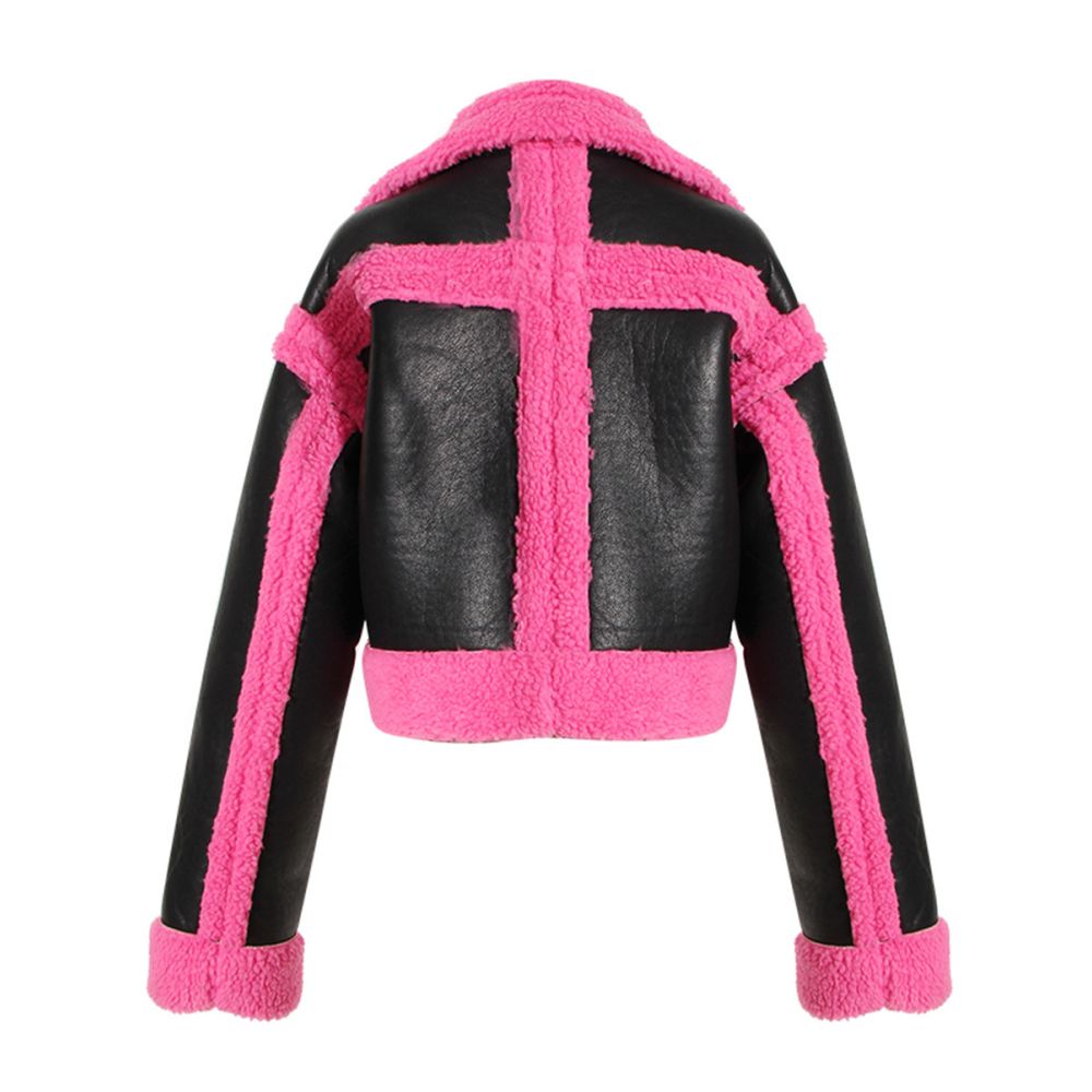 Autumn and winter design sense niche contrasting PU leather splicing imitation fur lamb fur fur integrated motorcycle jacket jacket for women image 1