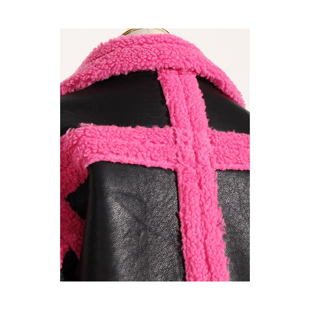 Autumn and winter design sense niche contrasting PU leather splicing imitation fur lamb fur fur integrated motorcycle jacket jacket for women image 2
