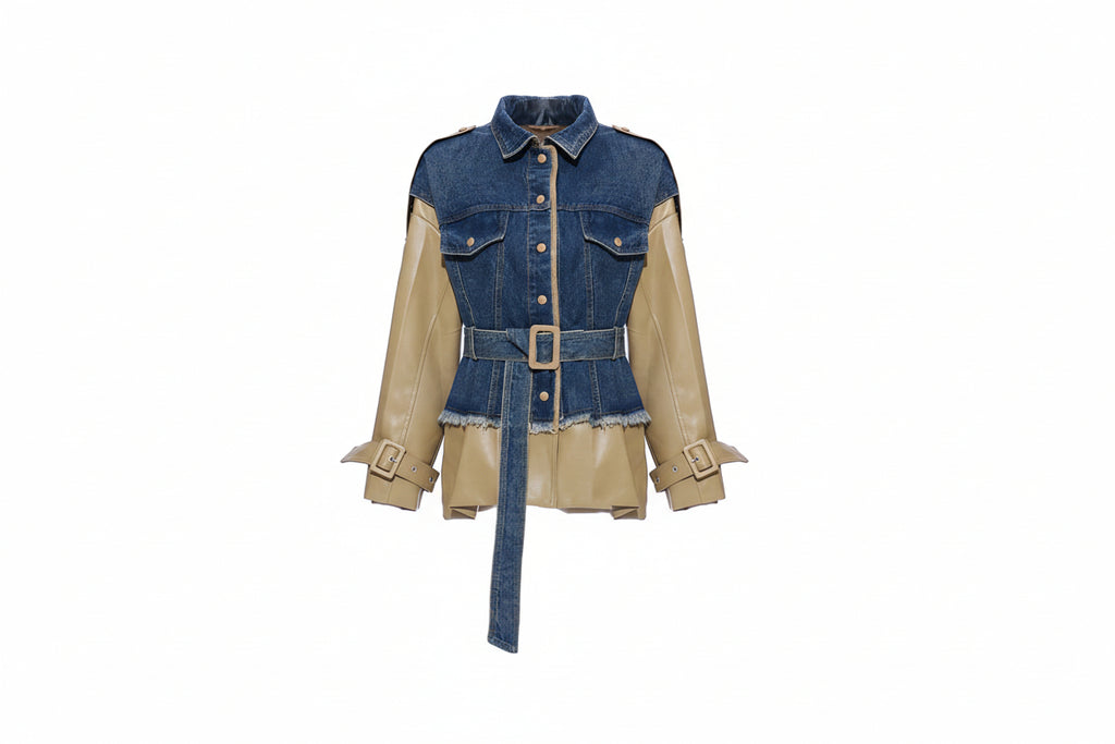 Autumn Winter Designer Denim Splicing Loose Waist Strap Up Large Medium Long PU Leather Jacket Jacket Women s Trendy image 2