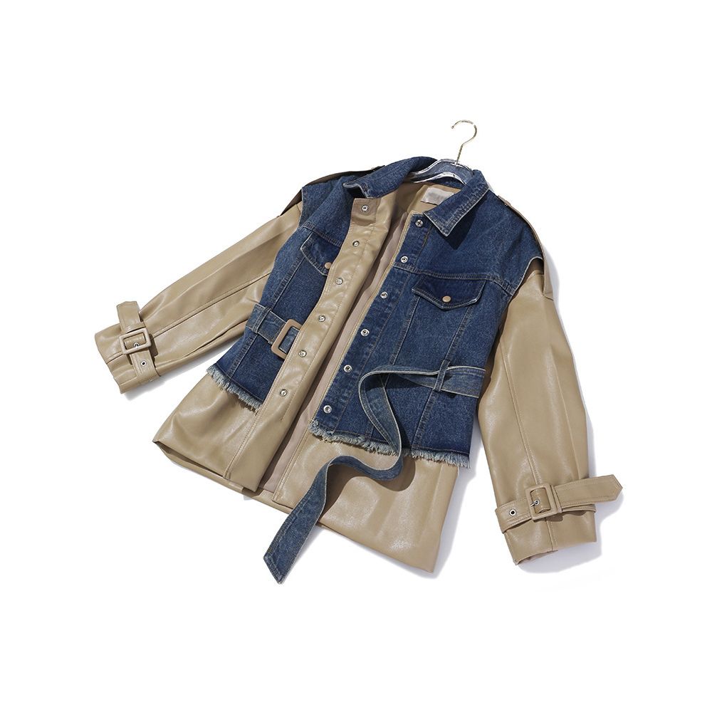 Autumn Winter Designer Denim Splicing Loose Waist Strap Up Large Medium Long PU Leather Jacket Jacket Women s Trendy image 3