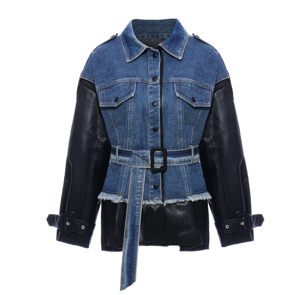 Autumn Winter Designer Denim Splicing Loose Waist Strap Up Large Medium Long PU Leather Jacket Jacket Women s Trendy image 1