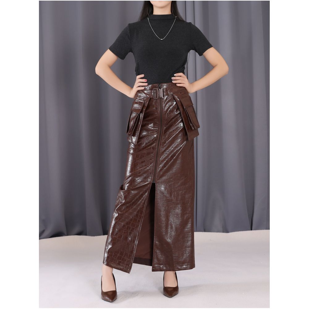 Plaid black leather skirt for women stylish design waist belt slimming midi skirt fashionable pencil skirt elegant high waisted long skirt image 1