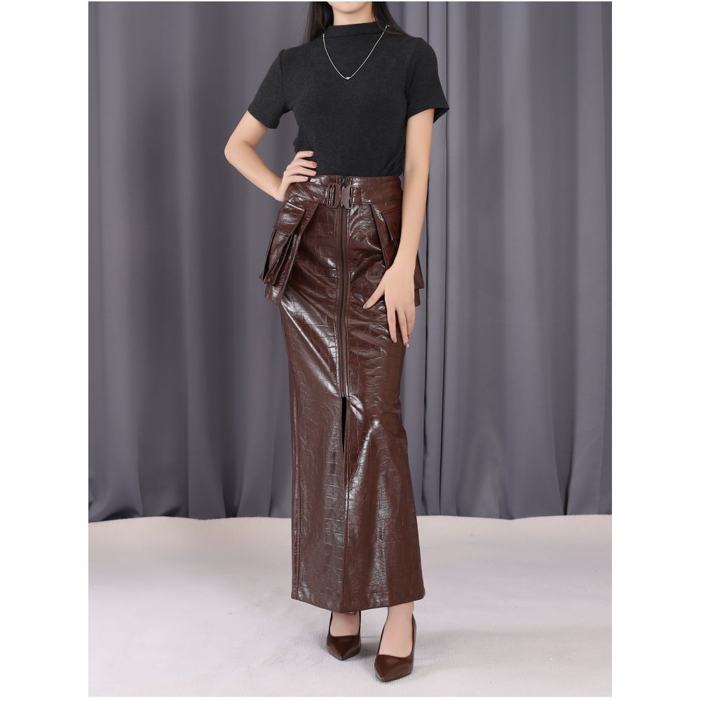 Plaid black leather skirt for women stylish design waist belt slimming midi skirt fashionable pencil skirt elegant high waisted long skirt image 2