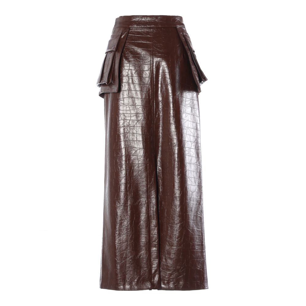 Plaid black leather skirt for women stylish design waist belt slimming midi skirt fashionable pencil skirt elegant high waisted long skirt image 4