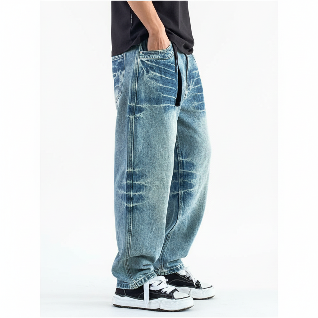 Heavy water-washed denim jeans