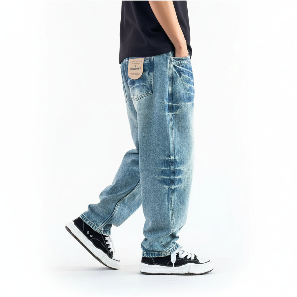 Heavy water-washed denim jeans