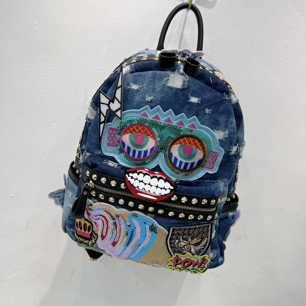 Denim bag washed backpack butterfly rivets lightning lips backpack