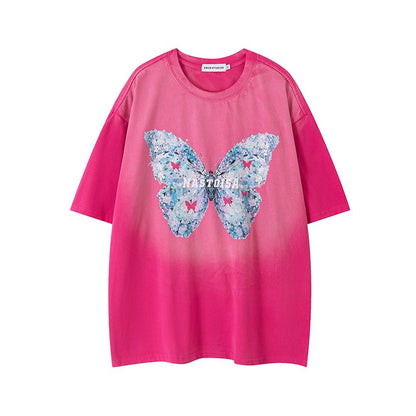 Summer butterfly print gradient camicia short-sleeved T-shirt unisex top