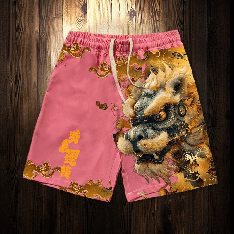 Lion-awakening fortune-bringing shorts for men, large size beach pants