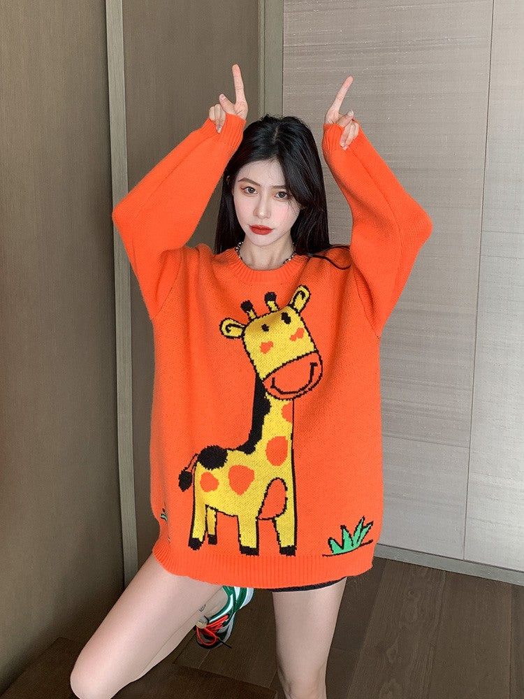 Orange Giraffe Sweater Women's Top