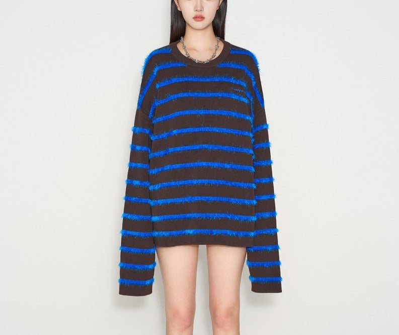 Pattern Design Round Neck Loose Contrast Color Sweater