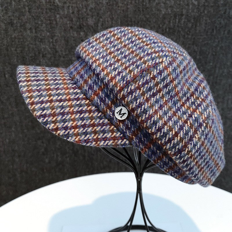 Trendy Wool Plaid British Street Duck Tongue Octagonal Hat