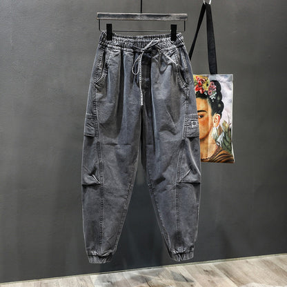 Strap denim men's  gray side pockets pants