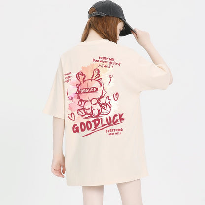 Pink T-shirt dragon pattern women loose