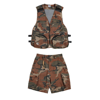 Camouflage mesh splicing men's summer trendy casual sleeveless vest and shorts trousers