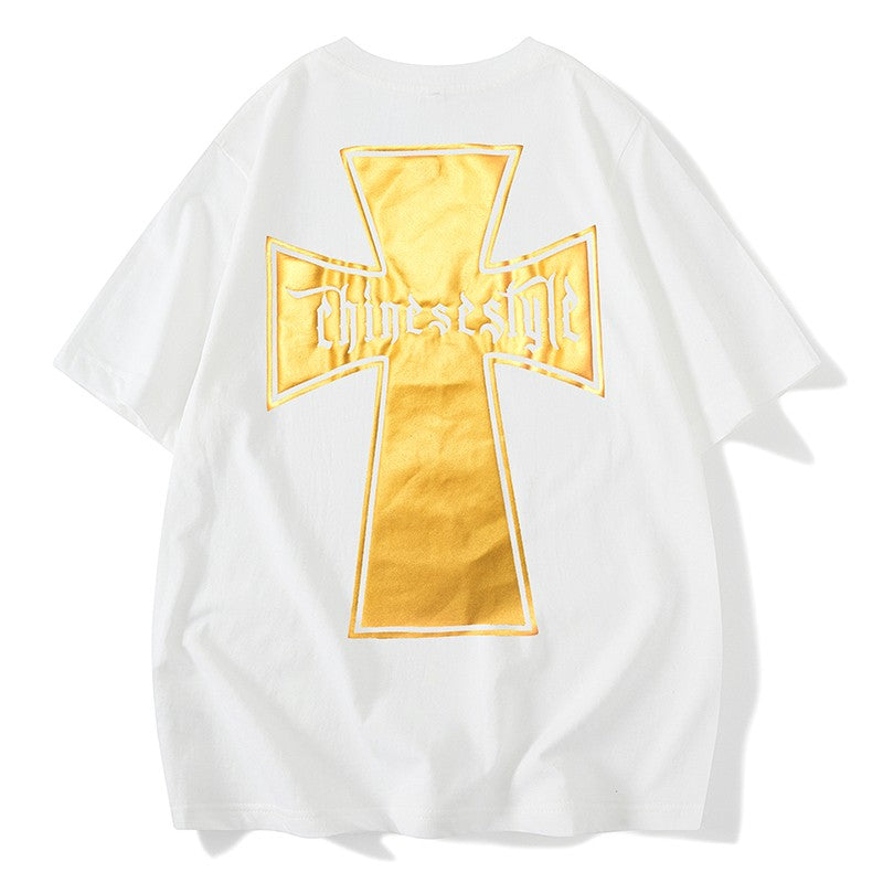 Street oversize cross T-shirt men's punk short-sleeved couple cotton top