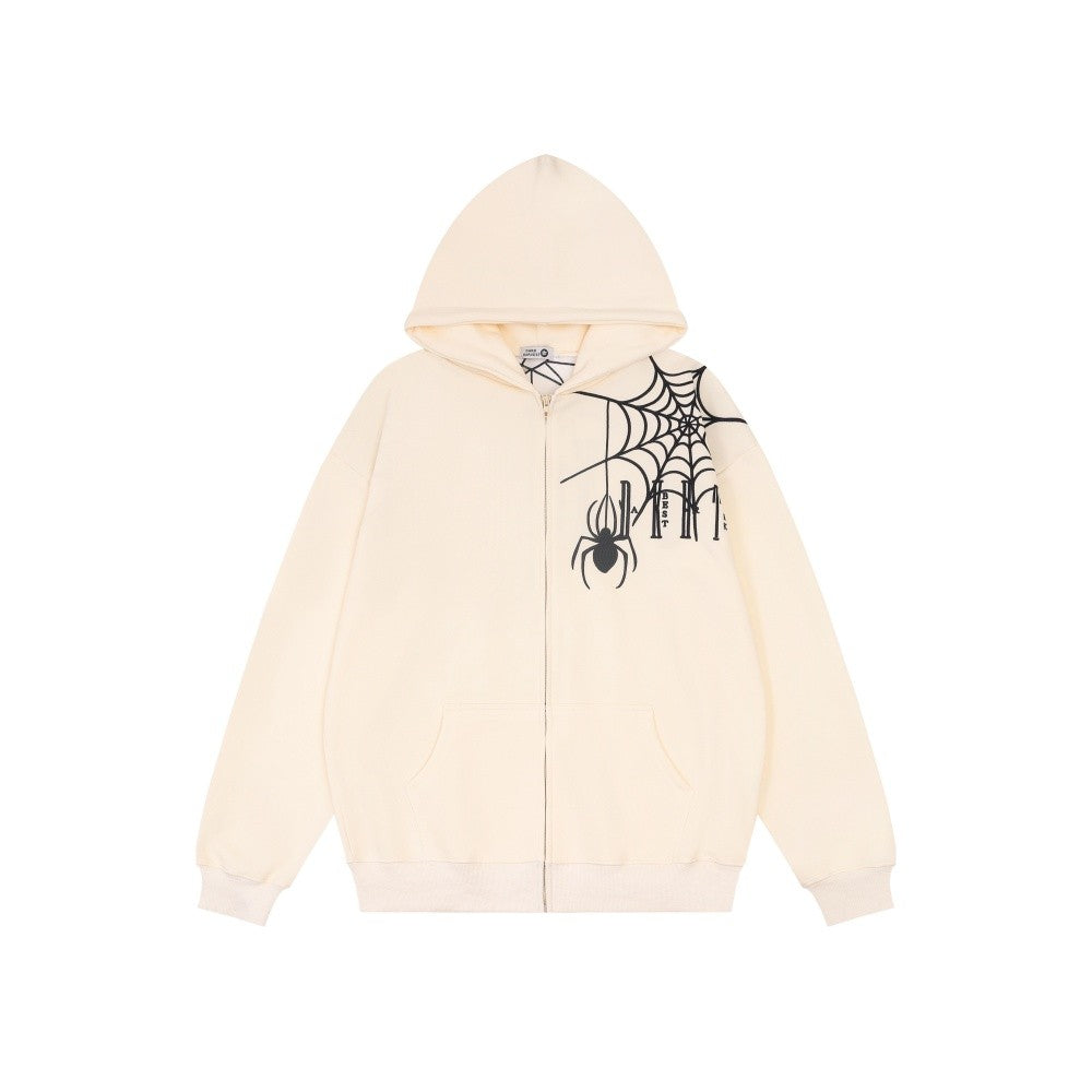 Unisex spider embroidery zipper hooded sweatshirt autumn cardigan hoodie jacket