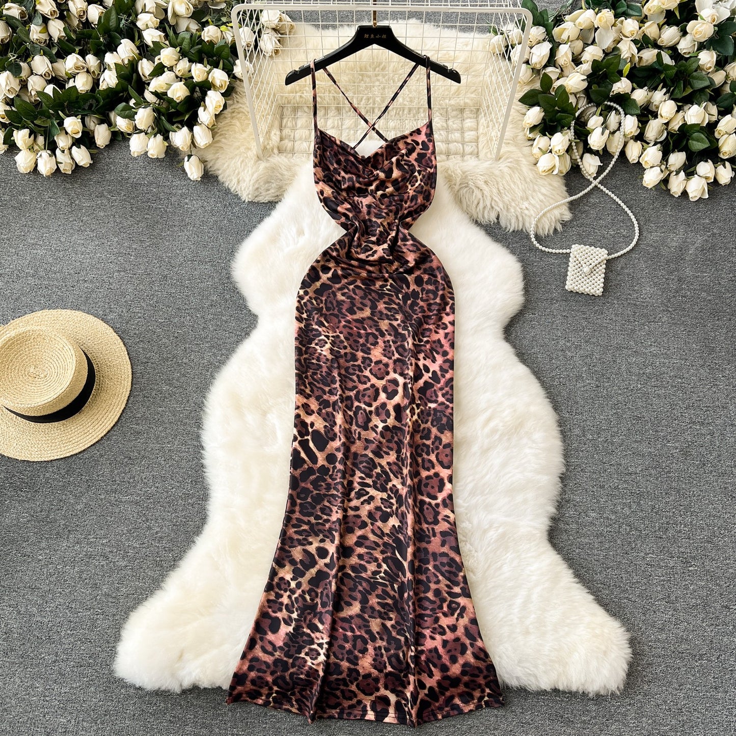 leopard backless straps slim long dress