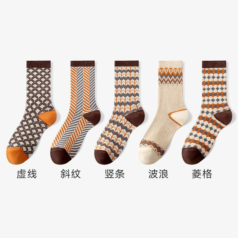 Catman socks women's mid-tube cotton socks autumn and winter ethnic style double needle long socks