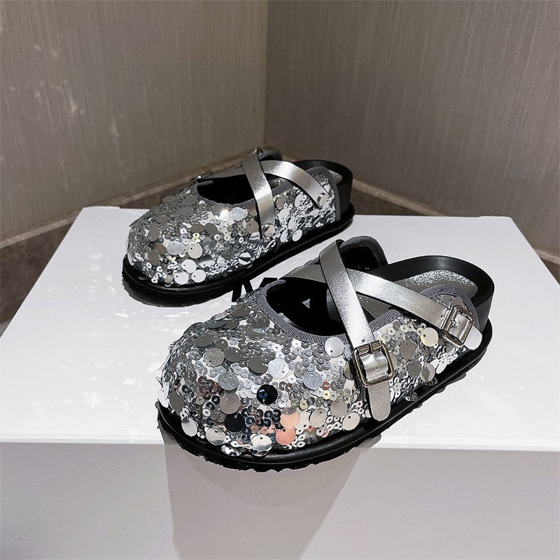 Summer sequin cross strap slippers for women half slippers