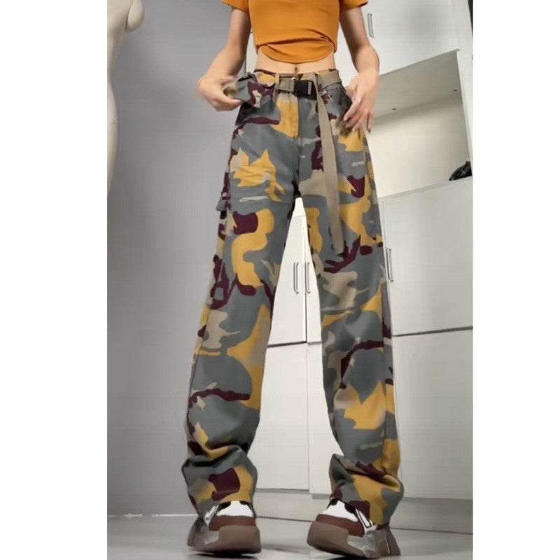 Camouflage Straight Leg Loose Belt Belt Bag Pant