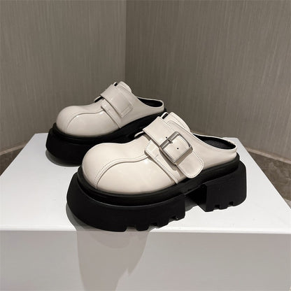 Genuine leather metal buckle thick sole women's sandals slippers