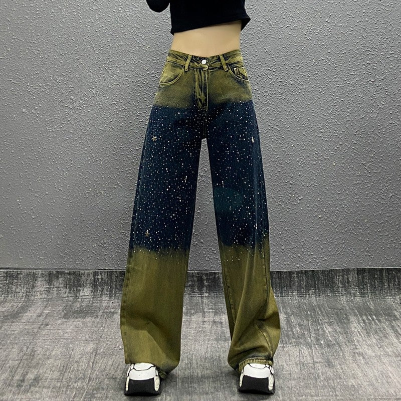 Diamond Color Matching High Waist Loose Wide Leg Pants